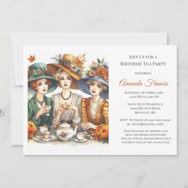 Invitation Thé de fête d'anniversaire d'automne  (Devant)