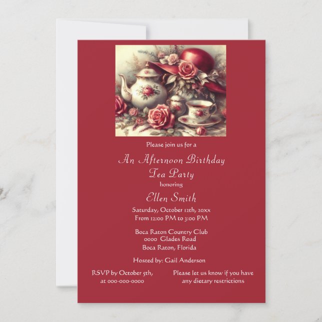 Invitation Thé de fête d'anniversaire élégant Rose rouge  (Devant)