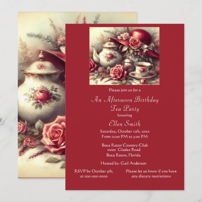 Invitation Thé de fête d'anniversaire élégant Rose Rouge (Devant / Derrière)