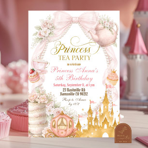 Invitation Thé de la Princesse au Ruban Rose et aux Perles