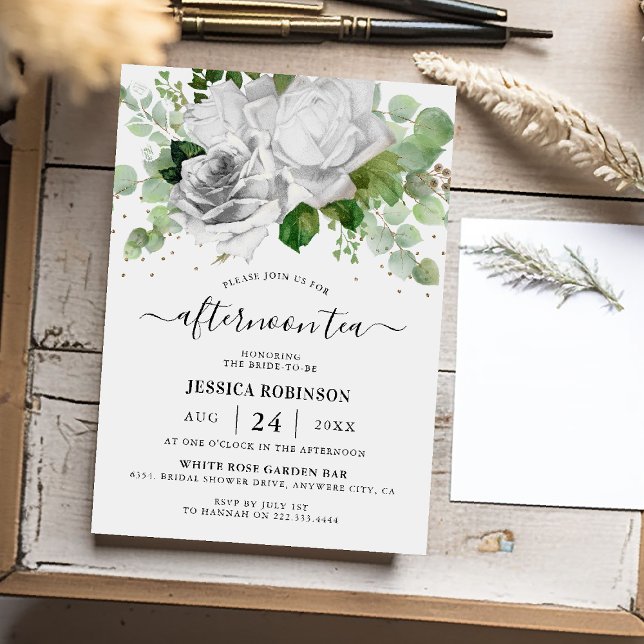 Invitation Thé de l'après-midi aux roses blanches et à la ver (Créateur téléchargé)