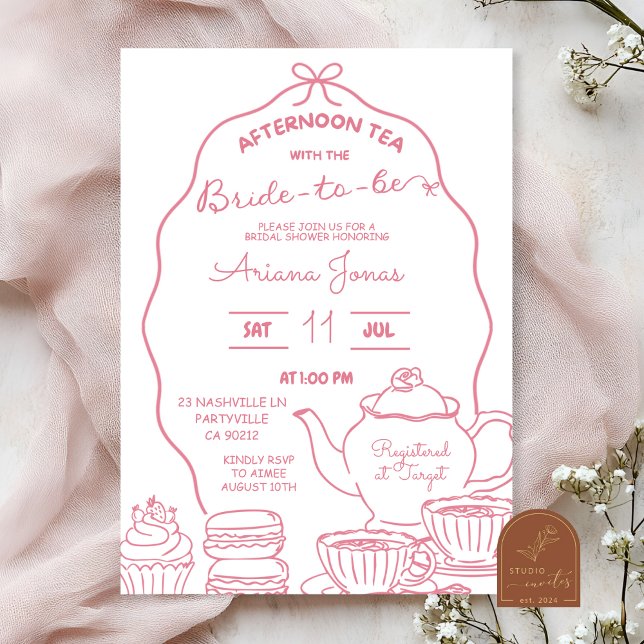 Invitation Thé de l'après-midi enrubanné rose doodle main sho (Créateur téléchargé)