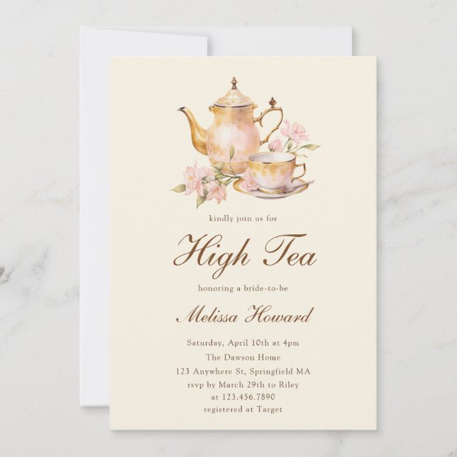 Invitation Thé de l'après-midi Jaune Pastel Or Mariage (Devant)