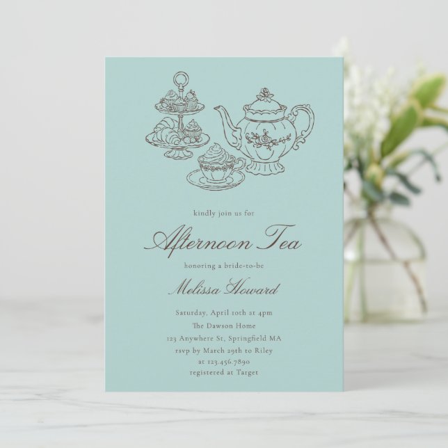 Invitation Thé de l'après-midi Mariage Dessiné à la Main Bleu (Debout devant)