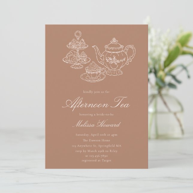 Invitation Thé de l'après-midi Mariage Rose Dessiné à la Main (Debout devant)