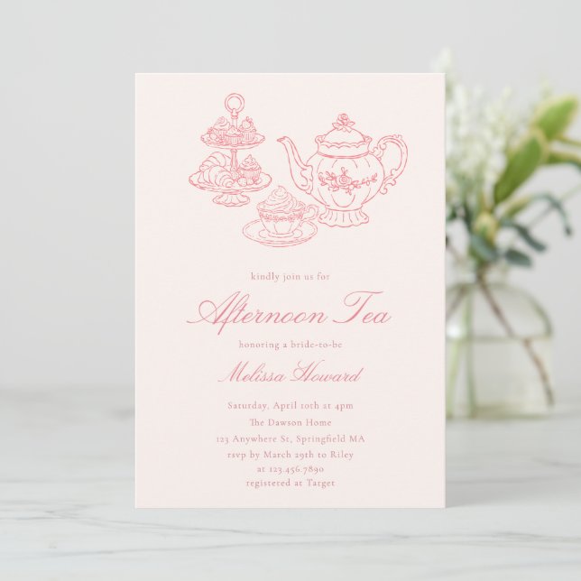 Invitation Thé de l'après-midi Mariage Rose Dessiné à la Main (Debout devant)