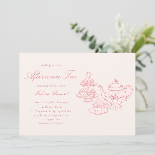 Invitation Thé de l'après-midi Mariage Shower Rose Dessiné à  (Debout devant)