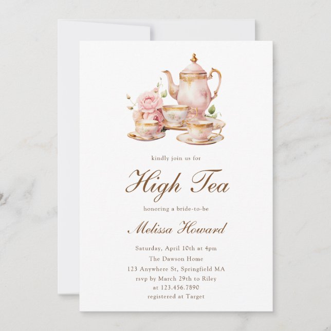 Invitation Thé de l'après-midi Or Pastel Mariage (Devant)