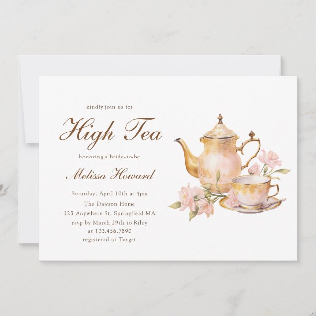 Invitation Thé de l'après-midi Pastel Or Fête de Mariage (Devant)