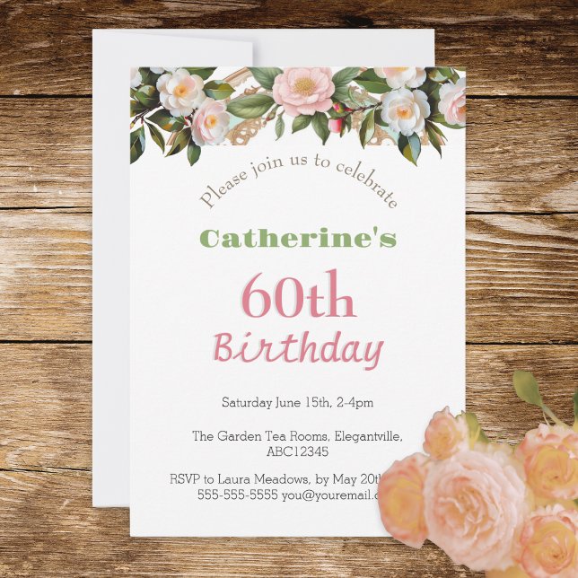 Invitation Thé de l'après-midi pour fête de 60 ans Fleurs Jol (A stylish invitation for a 60th birthday party, with pink roses design)