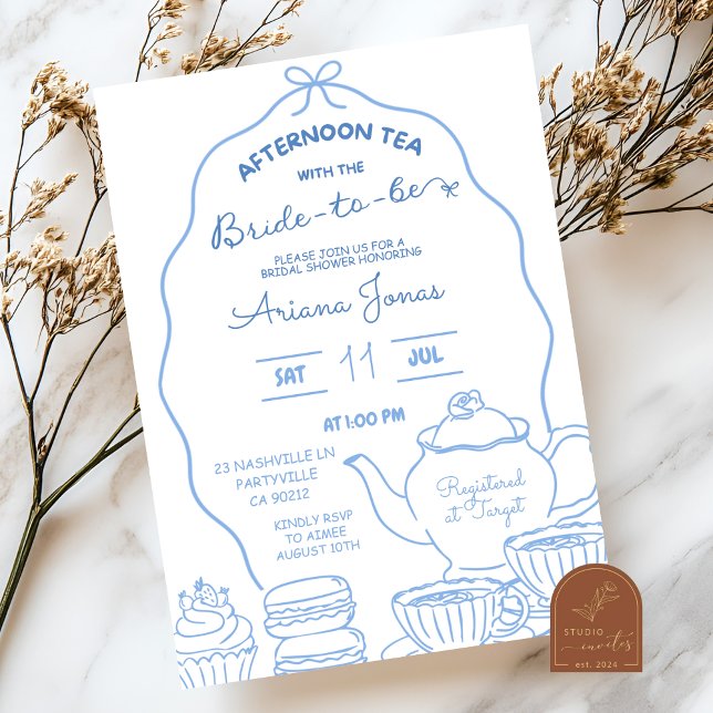Invitation Thé de l'après-midi pour la mariée avec un nœud bl (Créateur téléchargé)