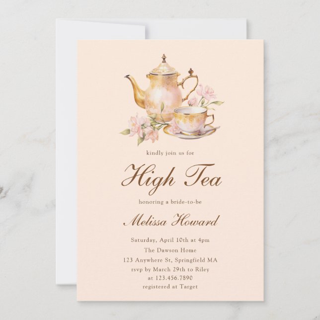 Invitation Thé de luxe Pastel Orange Doré pour la Mariée (Devant)