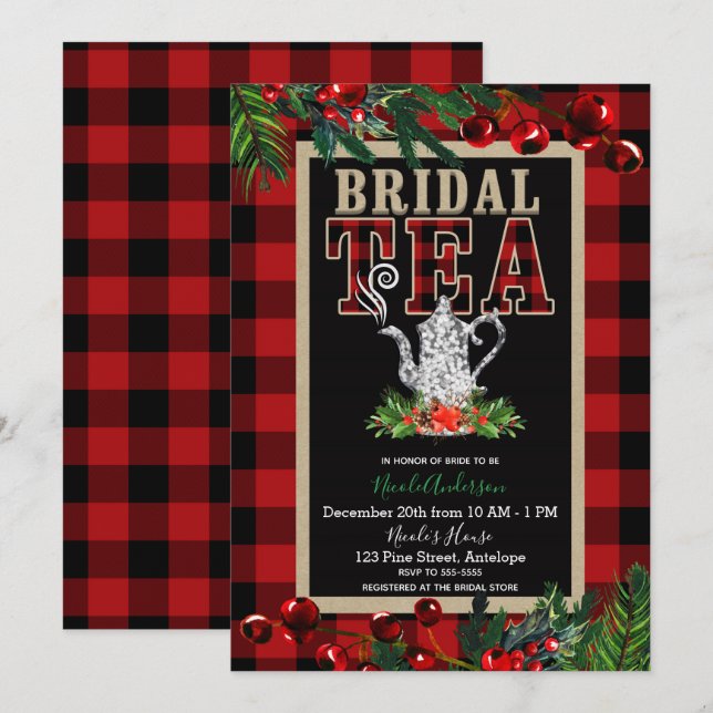Invitation Thé de mariage de Noël Plaid Rouge Noir de Buffalo (Devant / Derrière)