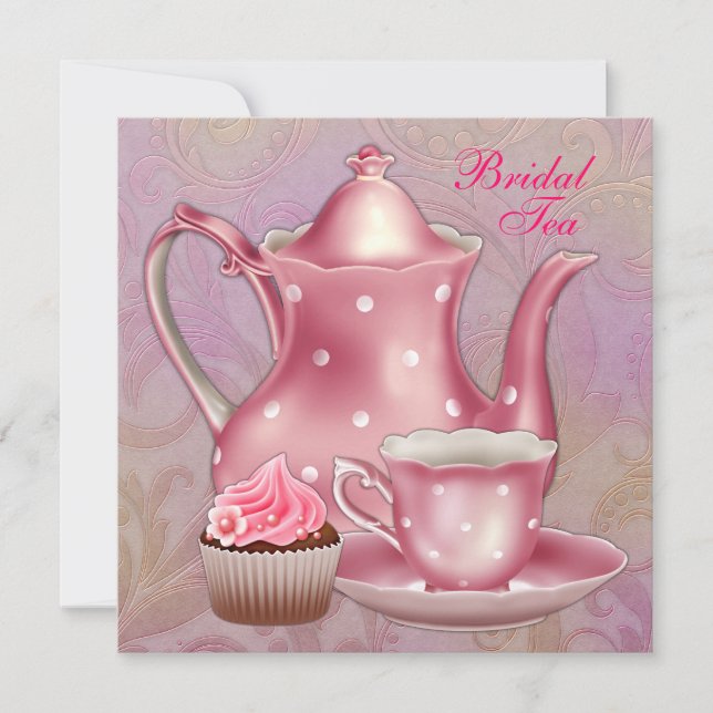 Invitation Thé de mariage en damas rose or (Devant)