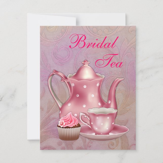 Invitation Thé de mariage en damas rose or (Devant)