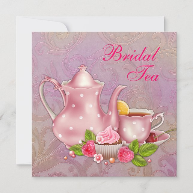 Invitation Thé de mariage en damas rose or (Devant)
