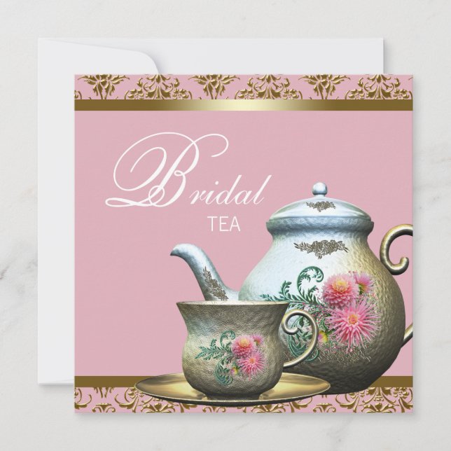 Invitation Thé de mariage en Damassé Or Rose (Devant)