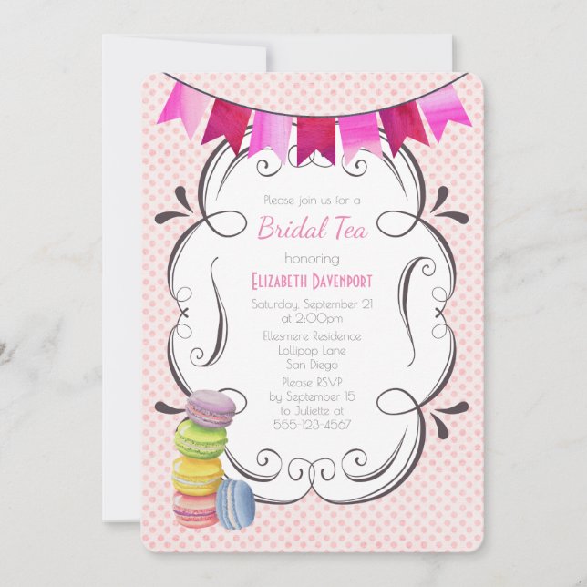 Invitation Thé de mariage Macarons et pois roses (Devant)