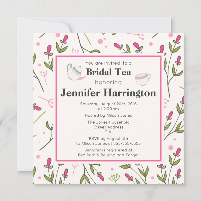 Invitation Thé de mariée Fleur sauvage rose et vert à longue  (Devant)