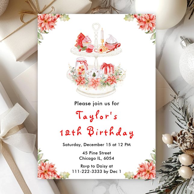 Invitation Thé de Noël de fête d'anniversaire Rouge (Créateur téléchargé)