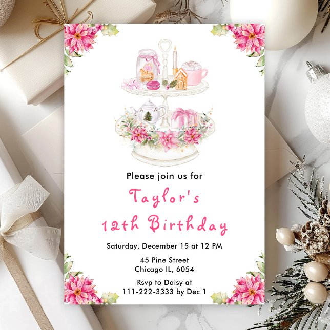 Invitation Thé de Noël de vacances Anniversaire Fête Rose (Créateur téléchargé)