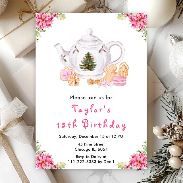 Invitation Thé de Noël de vacances Anniversaire Fête Rose (Créateur téléchargé)
