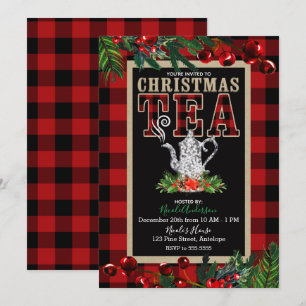 Invitation Thé de Noël Rustique Rouge et Noir à carreaux de B