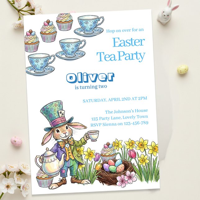 Invitation Thé de Pâques avec le Lapin pour enfants d'anniver (Kids Easter Garden Tea Party and Egg Hunt Invitation)