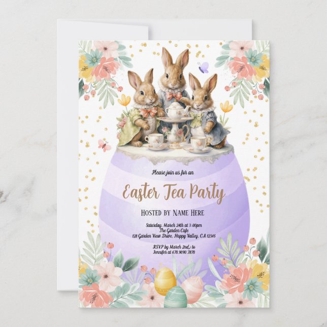 Invitation Thé de Pâques Fête Aquarelle Lapin Violet Pastel (Devant)
