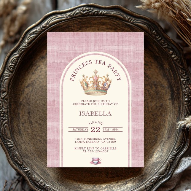 Invitation Thé de princesse vintage lin rose arqué (Créateur téléchargé)