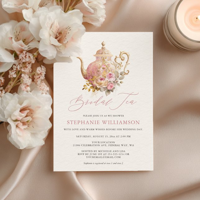 Invitation Thé de Rétrospective Rose Fardée Service à Thé Flo (Blush Pink Vintage Floral Teapot Bridal Shower Tea Invitation)
