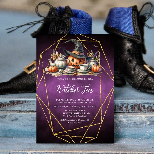 Invitation Thé de sorcières (Witch's tea / wiccan / Halloween gathering invitation front view.)