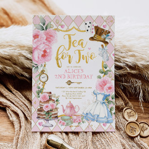Invitation Thé d'or rose pour deux Alice au pays des merveill