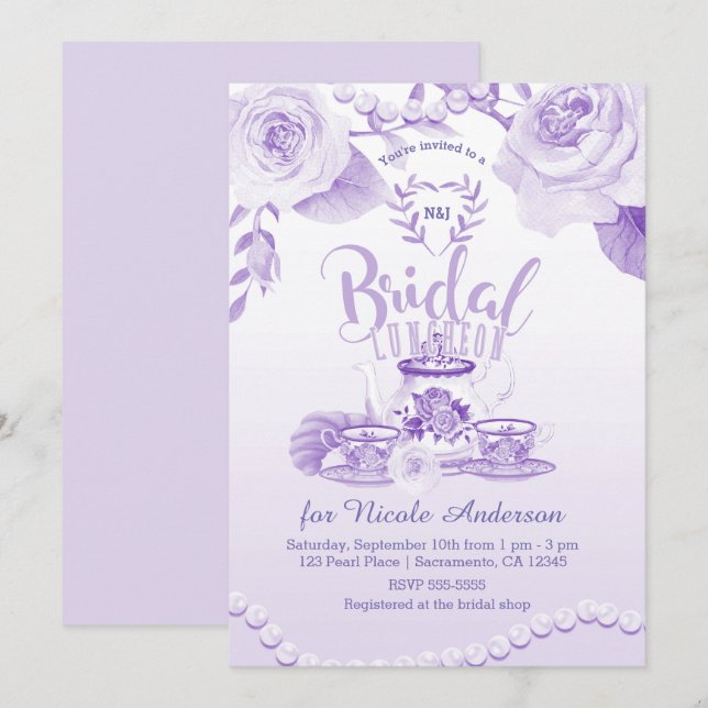 Invitation Thé élégant de luncheon de mariage violet Roses et (Devant / Derrière)