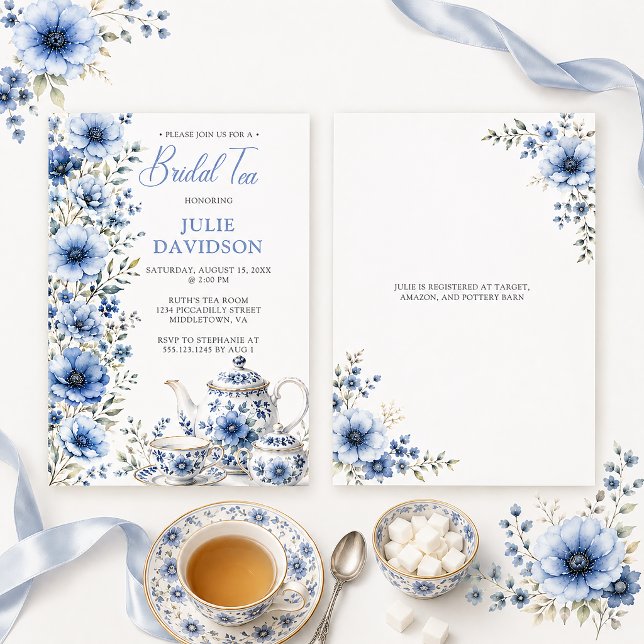 Invitation Thé élégant de mariage floral bleu | (Créateur téléchargé)