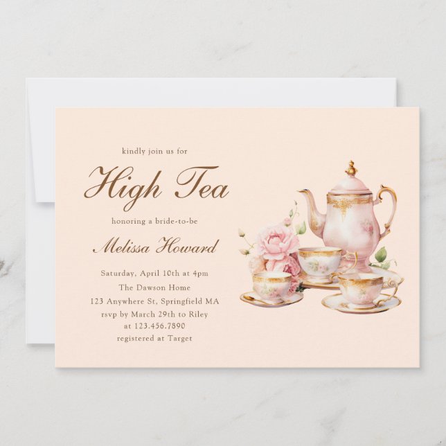 Invitation Thé élégant Mariage Orange pastel Or (Devant)