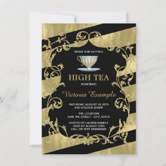 Invitation Thé élégant noir et or