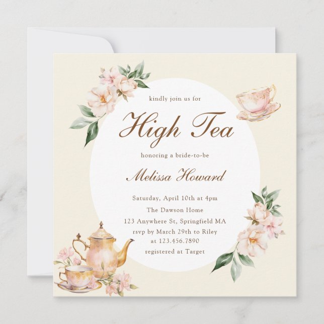 Invitation Thé Élevé Jaune Pastel Or Mariage (Devant)