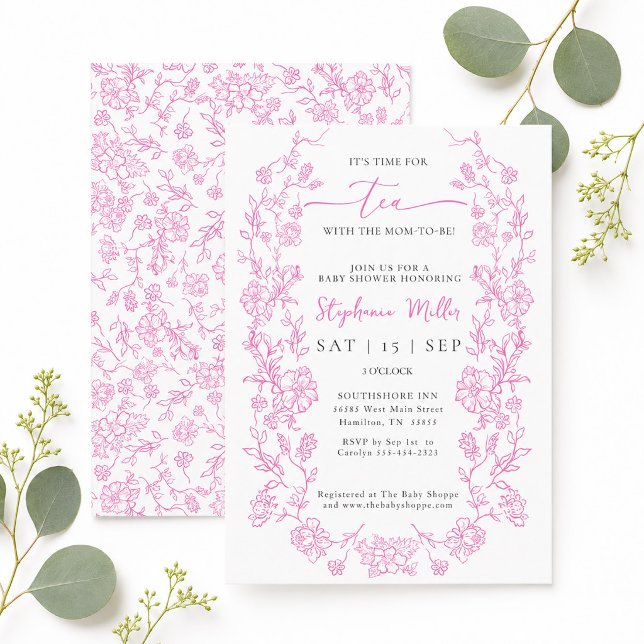 Invitation Thé Floral Rose avec la Fête de Bébé de la Future  (Pink Floral Tea with the Mom-to-be Baby Shower Invitation)