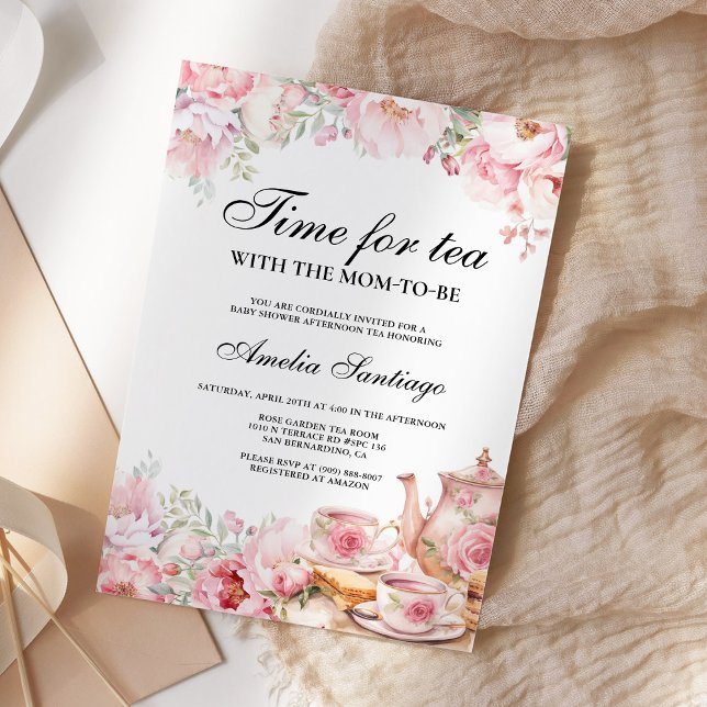Invitation Thé Floral Rose Avec Maman Pour Être Baby shower (Créateur téléchargé)