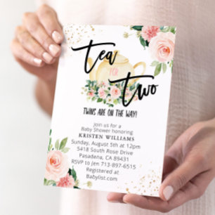 Invitation Thé Floral Rose Twins Pour Deux Baby showers