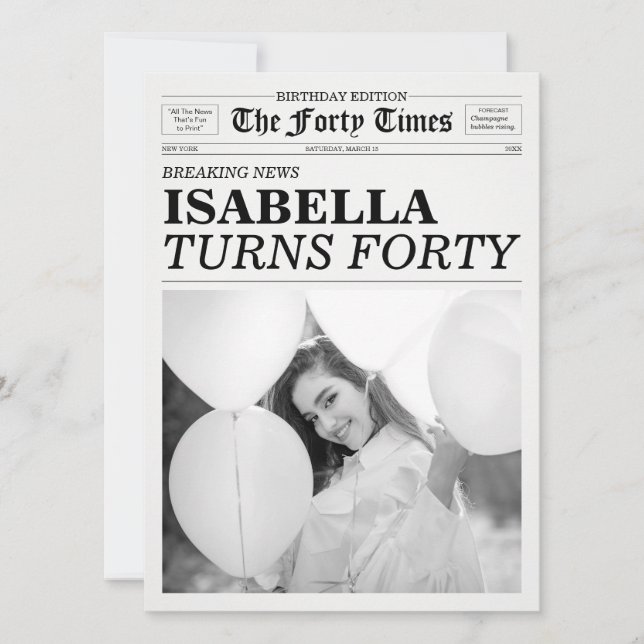 Invitation The Forty Times Newspaper 40th Birthday Party (Devant)