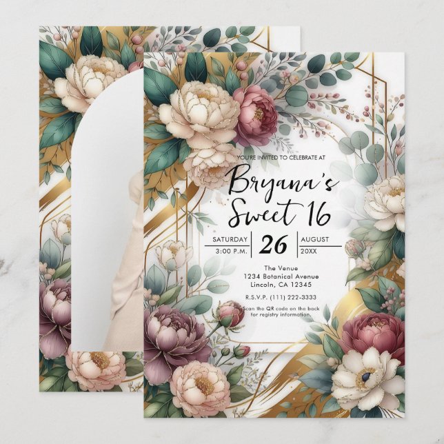 Invitation The Gilded Secret Garden Floral Glam Sweet 16 (Devant / Derrière)