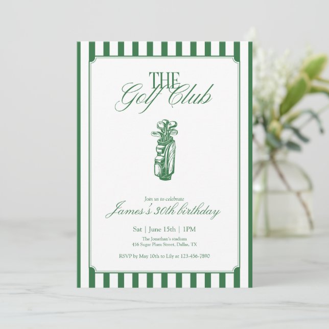 Invitation The Golf Club Golf Birthday Party Green Stripe  (Debout devant)