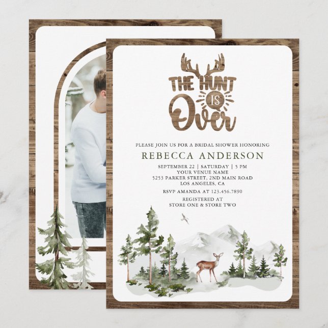 Invitation The Hunt is Over Forest Deer Bridal Shower Photo (Devant / Derrière)