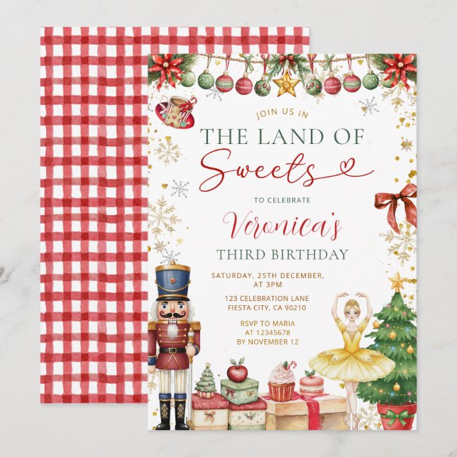 Invitation The Land Of Sweets Nutcracker Christmas Birthday (Devant / Derrière)