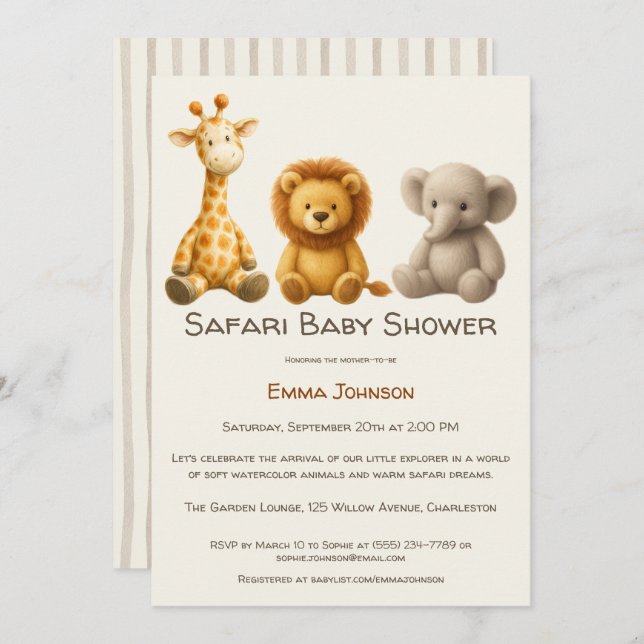 Invitation The Little Explorer | Safari Friends Baby Shower (Devant / Derrière)