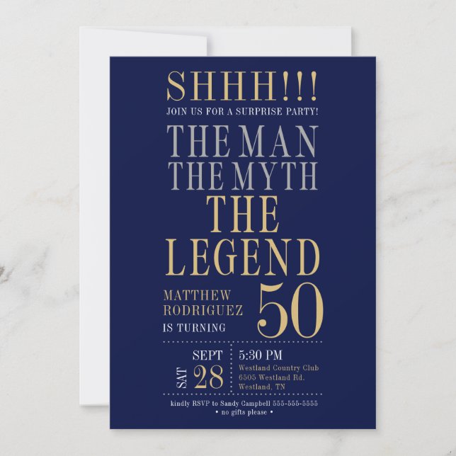 Invitation The Man The Myth The Legend Surprise 50th Birthday (Devant)