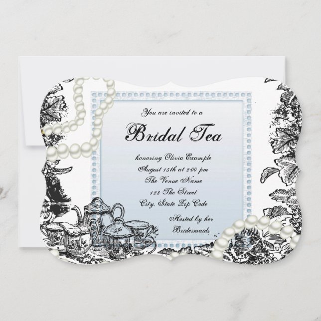 Invitation Thé Mariage Perles Bleues Vintage (Devant)
