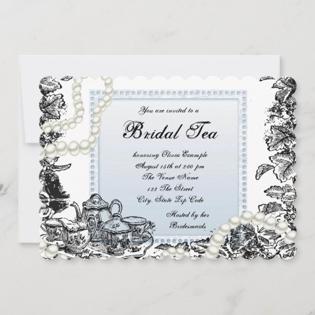 Invitation Thé Mariage Perles Bleues Vintage (Devant)